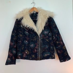 Free People Faux Fur Jacquard Wool Coat Size Small